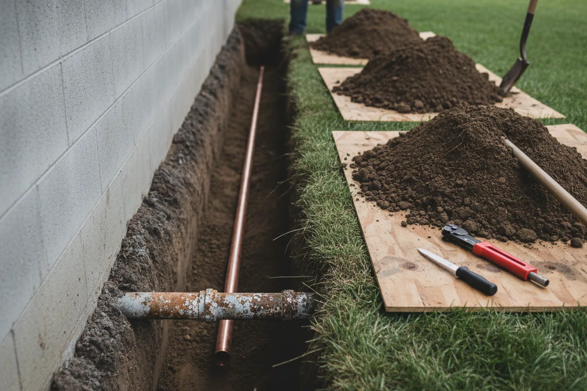 Excavated water line trench during Water Softener Installation in Markham